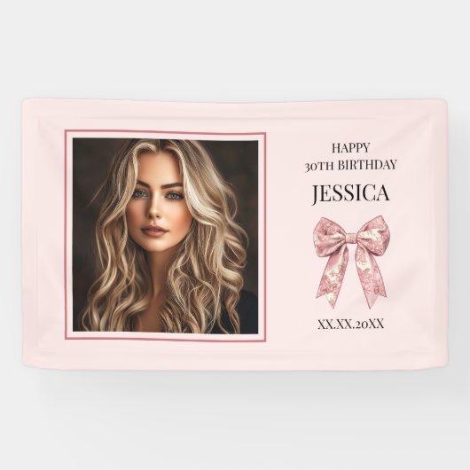 ピンクモダンハッピー30歳の誕生日フォトサーティーブボウ 横断幕 (横)