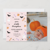 ピンクモダンハロウィーンリトルカボチャ誕生 案内状 (正面)