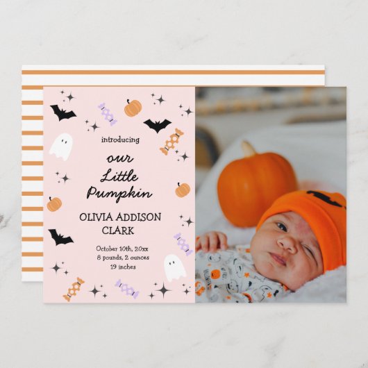 ピンクモダンハロウィーンリトルカボチャ誕生 案内状 (正面/裏面)