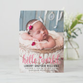 ピンクモダンハローワールドフォト誕生統計 案内状 (スタンド正面)