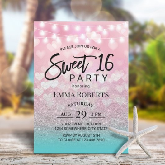 ピンクモダンハートティール(緑がかった色)シルバグラデーションースイーツ16 招待状