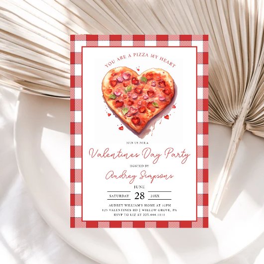 ピンクモダンハートピザ格子状バレンタインパーティー 招待状