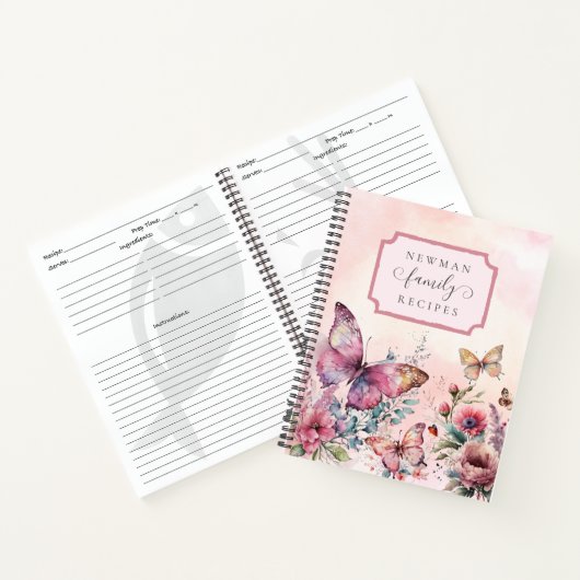 ピンクモダンバタフライワイルドフラワーファミリーレシピ ノートブック (内部)
