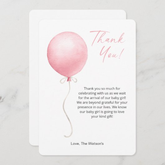 ピンクモダンバルーン赤ちゃんシャワーサンキューカード 招待状 (正面/裏面)