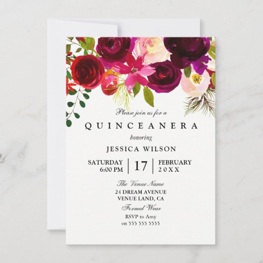 ピンクモダンバーガンディフラワーキンセアニェラ招待状 招待状 (正面)