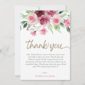 ピンクモダンバーガンディフローラガールベビーシャワー サンキューカード (正面)