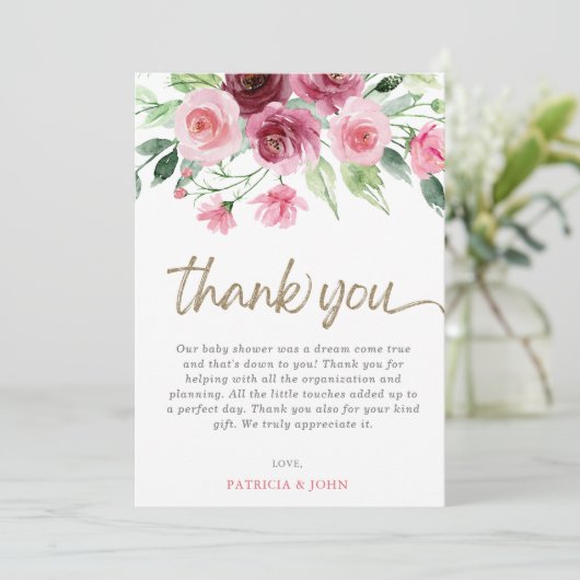 ピンクモダンバーガンディフローラガールベビーシャワー サンキューカード (スタンド正面)