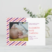 ピンクモダンパストライプープルベビー誕生発表 案内状 (スタンド正面)