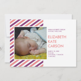 ピンクモダンパストライプープルベビー誕生発表 案内状