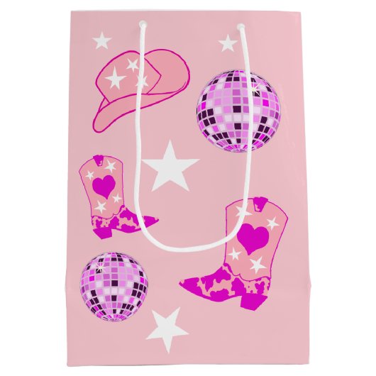 ピンクモダンパープルディスコボール女性のカーボーイハットブーツ ミディアムペーパーバッグ (裏面)