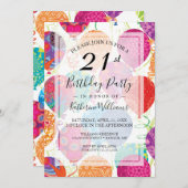 ピンクモダンパープルバルーン21歳の誕生日パーティー 招待状 (正面/裏面)