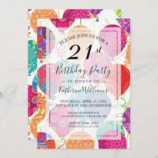 ピンクモダンパープルバルーン21歳の誕生日パーティー 招待状 (正面/裏面)