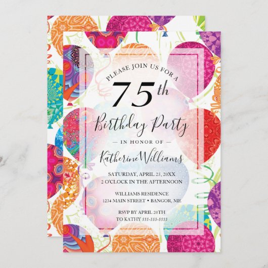 ピンクモダンパープルバルーン75th誕生日パーティー 招待状 (正面/裏面)