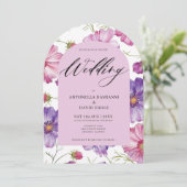 ピンクモダンパープルフローラ花QRコード結婚s 招待状 (スタンド正面)