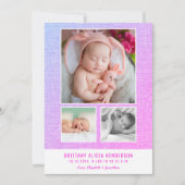 ピンクモダンパープルベビーフォトコラージュ誕生 案内状 (正面)