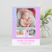 ピンクモダンパープルベビーフォトコラージュ誕生 案内状 (スタンド正面)