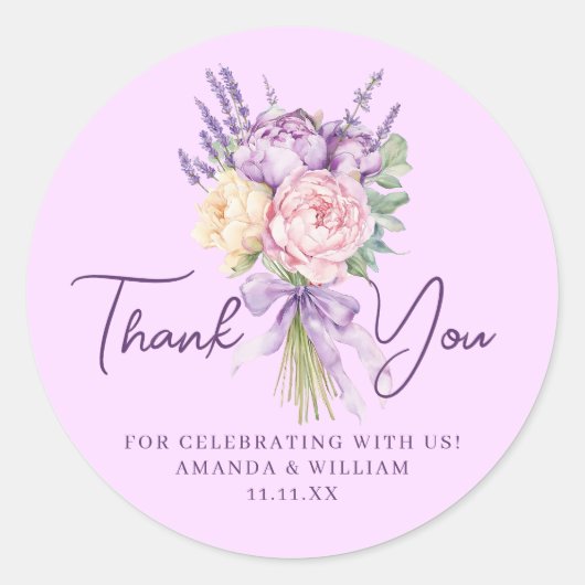 ピンクモダンパープル牡丹フラワーブーケ ラウンドシール (正面)
