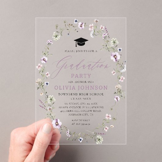 ピンクモダンパープル野花卒業式 アクリル招待状 (インサイチュ (ポータブル))