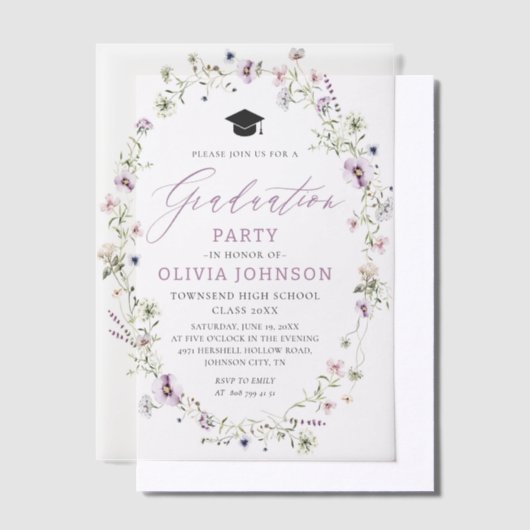 ピンクモダンパープル野花卒業式 ベラム紙招待状 (オフセット)