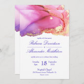 ピンクモダンパープル金ゴールドウォーター結婚カラー 招待状 (正面/裏面)