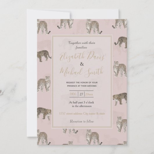 ピンクモダンヒョウのジャングル動物 招待状 (正面)