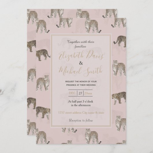 ピンクモダンヒョウのジャングル動物 招待状 (正面/裏面)