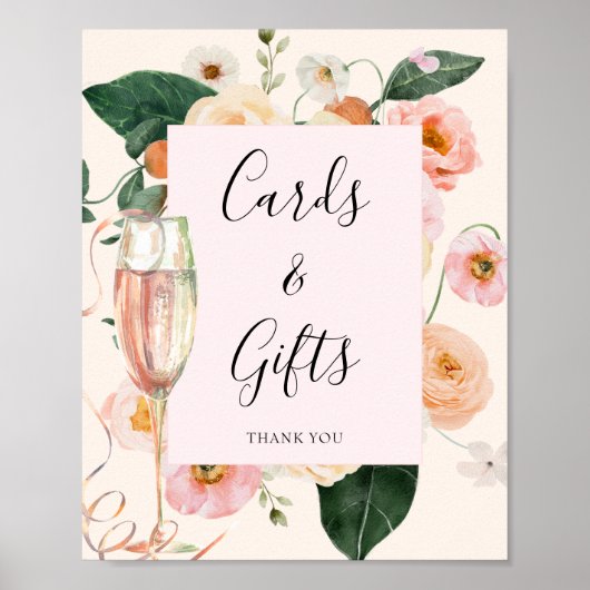 ピンクモダンピーチフローラシャンパンブライダルシャワー ポスター (正面)