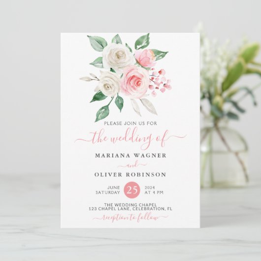 ピンクモダンピーチホワイトウォーターフローラ結婚ズ 招待状 (スタンド正面)