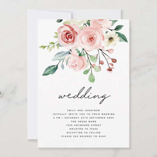 ピンクモダンピーチ花模様QRコード結婚ズ 招待状 (正面)