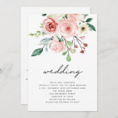 ピンクモダンピーチ花模様QRコード結婚ズ 招待状 (正面/裏面)