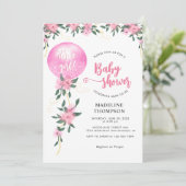 ピンクモダンファンシーフローラバルーンガールベビーシャワー 招待状 (スタンド正面)