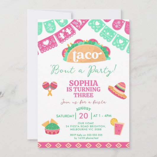 ピンクモダンフィエスタタコボーアパーティー誕生日 招待状 (正面)