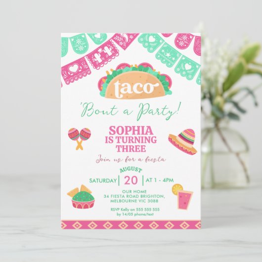 ピンクモダンフィエスタタコボーアパーティー誕生日 招待状 (スタンド正面)