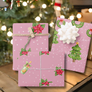 ピンクモダンフェスティバルメリークリスマスとお正月 ラッピングペーパーシート