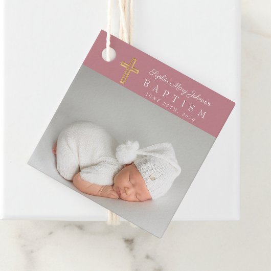 ピンクモダンフォトガールバプテスマ フェイバータグ