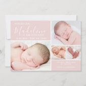 ピンクモダンフォトコラージュベビーガール誕生 案内状 (正面)