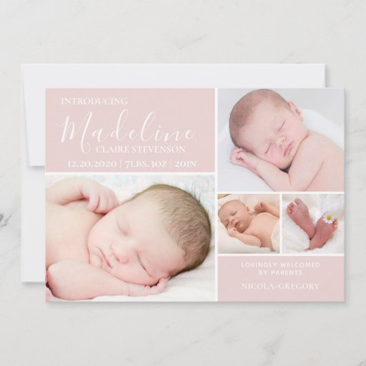 ピンクモダンフォトコラージュベビーガール誕生 案内状 (正面)