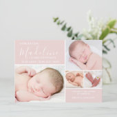 ピンクモダンフォトコラージュベビーガール誕生 案内状 (スタンド正面)