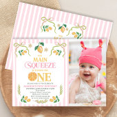 ピンクモダンフォトレモンメインスクイーズ1st誕生日 招待状