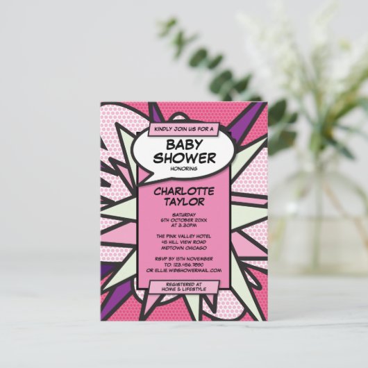 ピンクモダンフォト漫画ブックベビーシャワー散水 インビテーションポストカード (スタンド正面)