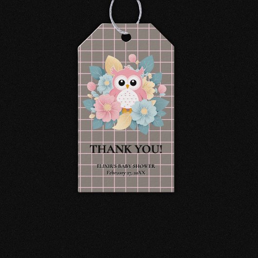ピンクモダンフクロウフローラ&グリッドベビーシャワー ギフトタグ