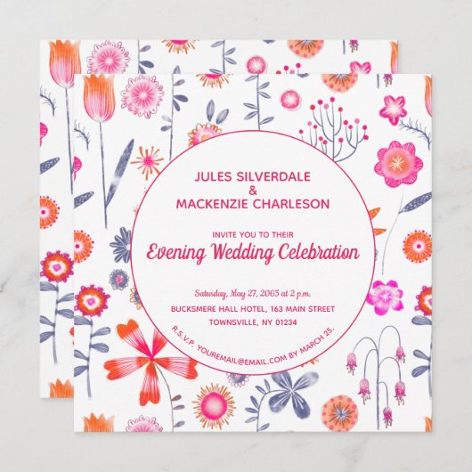 ピンクモダンフラワーガーデンボホ夕べ 招待状 (正面/裏面)