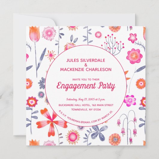 ピンクモダンフラワーガーデンボホ婚約 招待状 (正面)