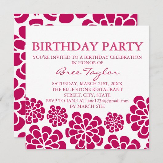 ピンクモダンフラワーデザイン誕生日招待状 招待状 (正面/裏面)