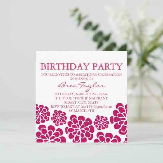 ピンクモダンフラワーデザイン誕生日招待状 招待状 (スタンド正面)