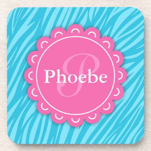 ピンクモダンフラワーモノグラムアクアブルーゼブラプリント コースター (正面)
