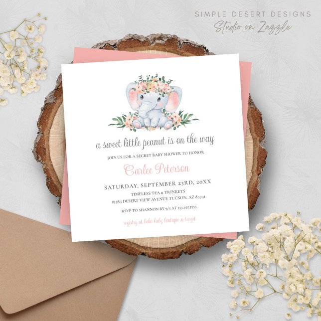 ピンクモダンフローラかわいい象の女の子の赤ちゃんシャワー (Simple Cute Elephant Baby Shower Invitation with Blush Pink Floral and Greenery)