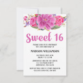 ピンクモダンフローラウォーターカラースウィート16誕生日 招待状 (正面)
