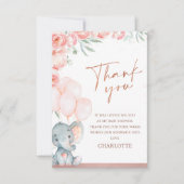 ピンクモダンフローラオ女の子ゾウ赤ちゃんシャワー サンキューカード (正面)