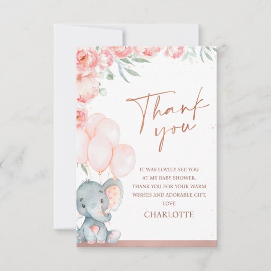 ピンクモダンフローラオ女の子ゾウ赤ちゃんシャワー サンキューカード (正面)